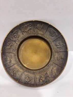 Vintage Korean solid brass zodiac sign ashtray trinket dish 12 animal horoscope